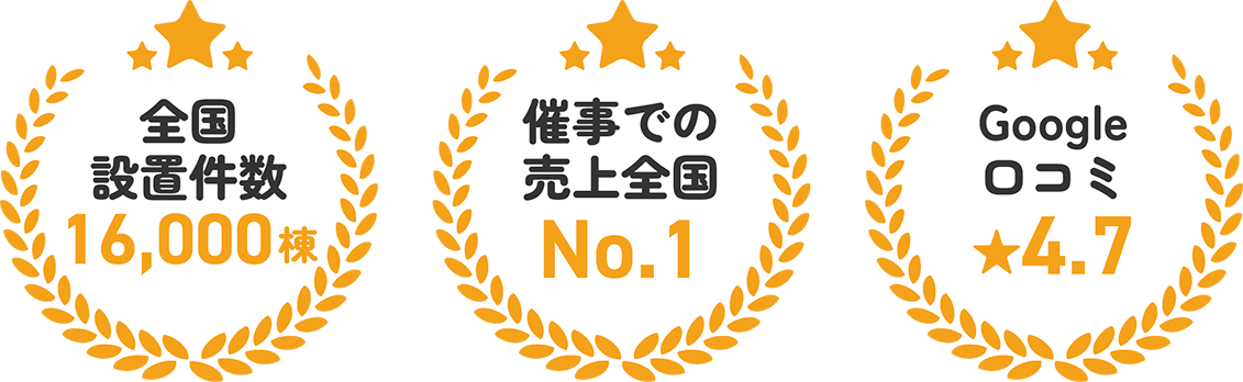 全国設置件数16,000棟／催事での売上全国No.1／Google口コミ★4.7