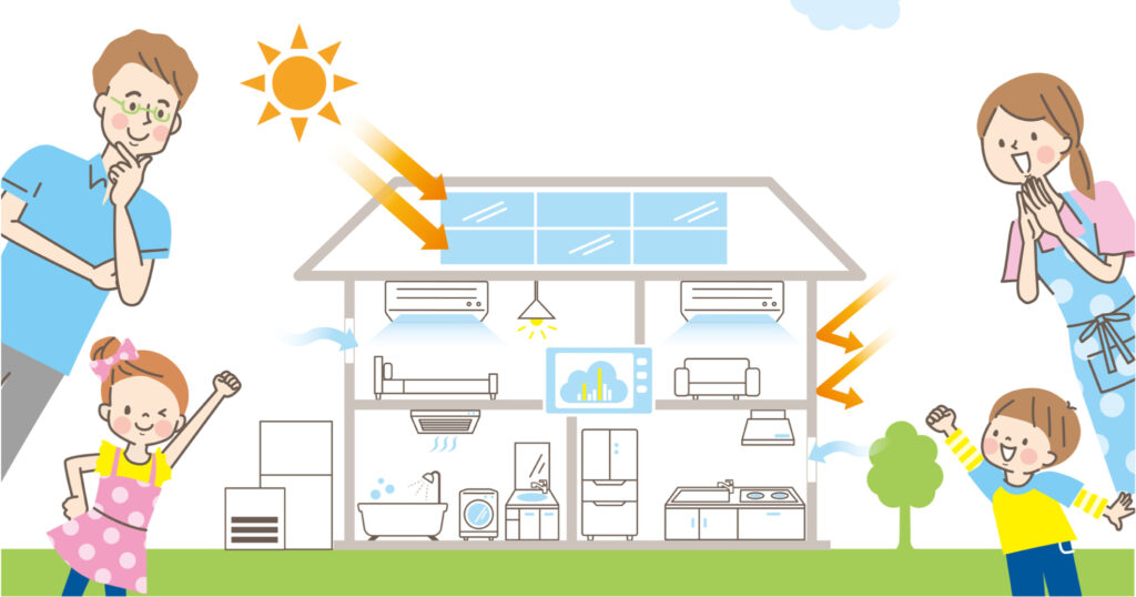 自分の家の屋根で太陽光発電している様子を笑顔で見る家族のイラスト