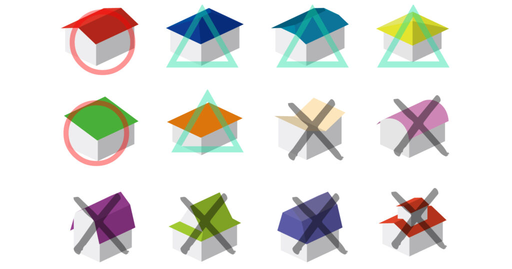 切妻や寄棟、片流れなどい12種類の屋根のイラストに太陽光パネル設置可能か◯・△・×に分けた画像