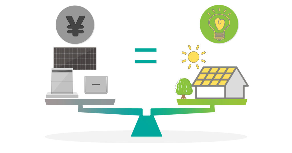 シーソーに設置費用と発電効率が乗っていて、バランスを保っている画像