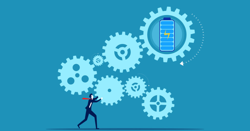 男性が電池の入った歯車を回している様子のイラスト