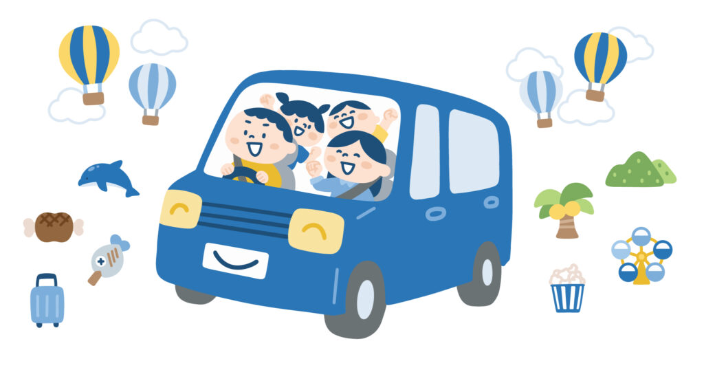 家族で車に乗ってお出かけに向かっているイラスト