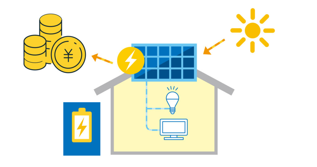 家のイラストを用いて太陽光で発電した電気を売電している画像