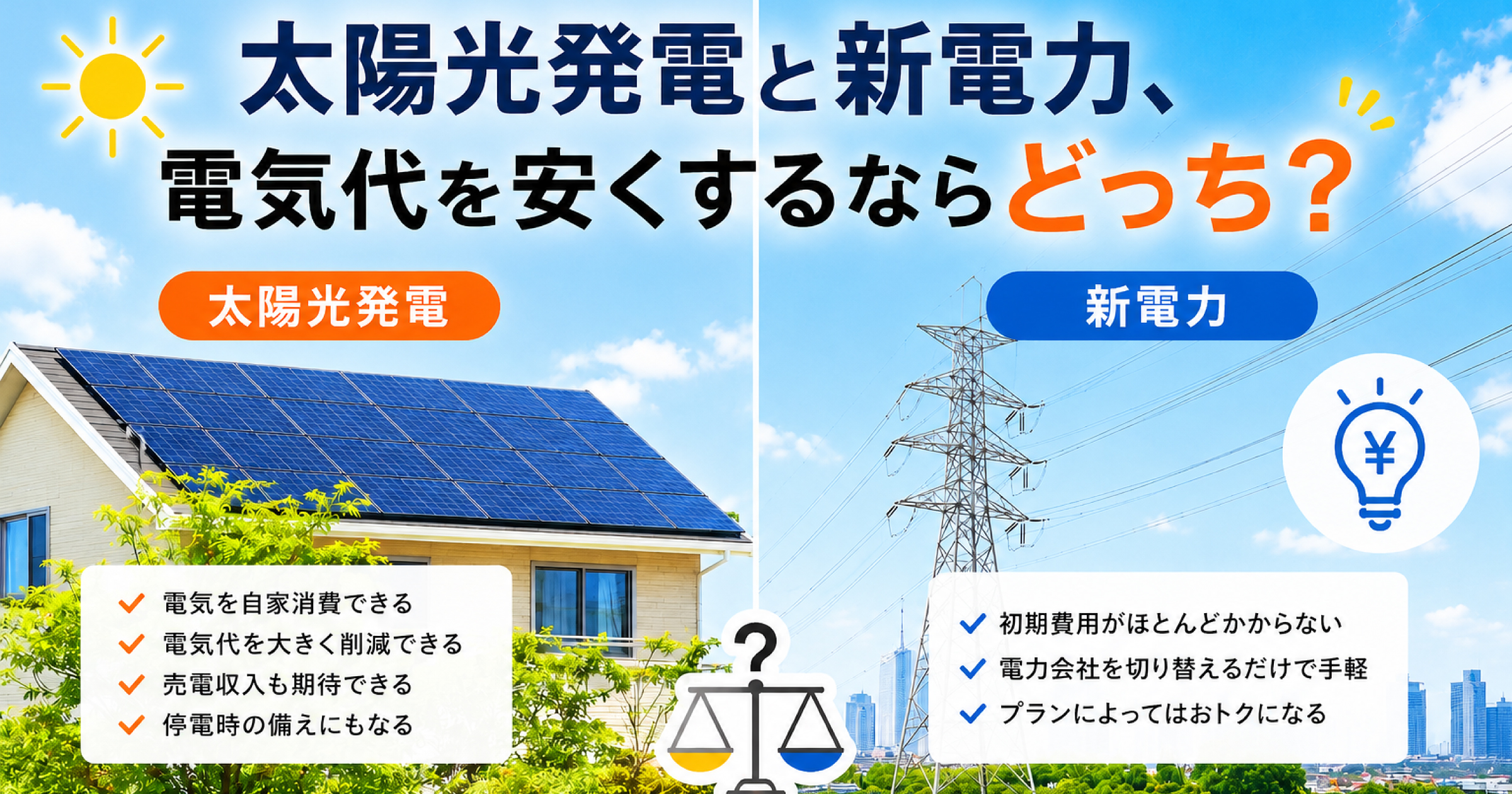 太陽光発電と新電力、「電気代を安くするならどっち？」のアイキャッチ画像