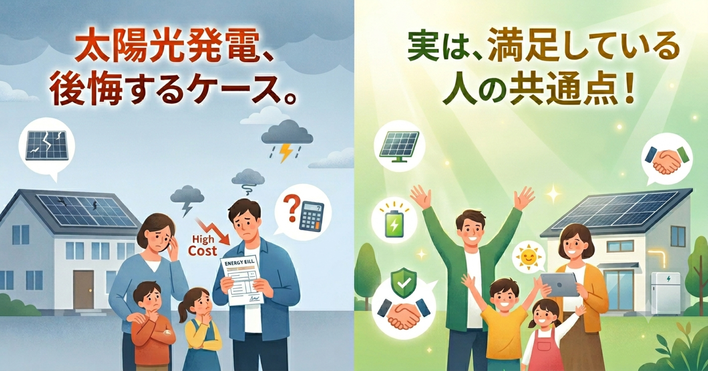 「太陽光発電を後悔するケースと、満足している人の違い。」のアイキャッチ